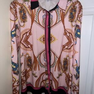 Fashion Nova Pink Chain-Print Button Front Blouse with Black Trim